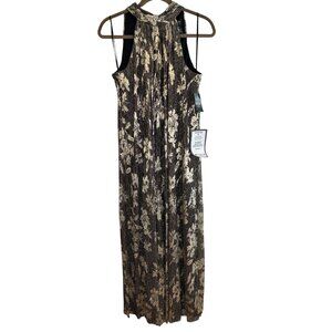 MSK Gold & Black Floral Pleated Metallic Maxi Wide Leg Pantsuit Romper Size - PL